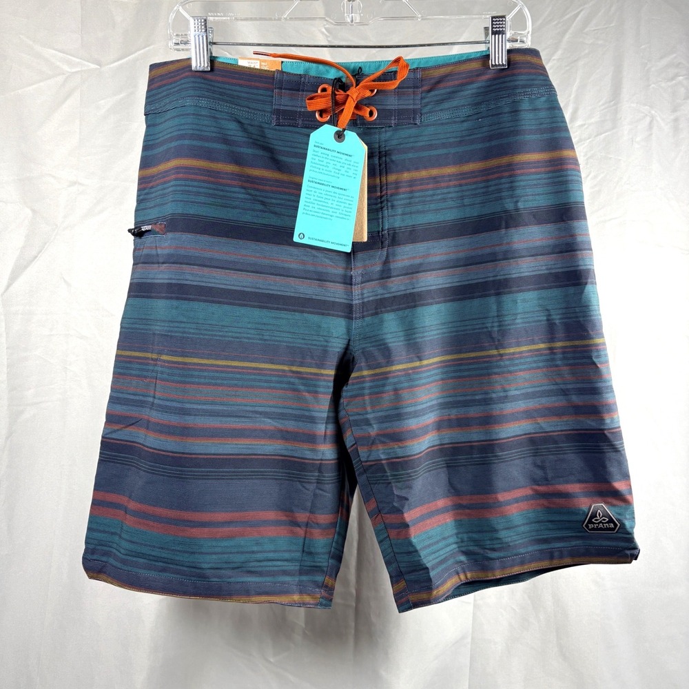 Prana Fenton Boardshorts Mens 34 Nautical Pontoon Blue Striped Swim Trunks
